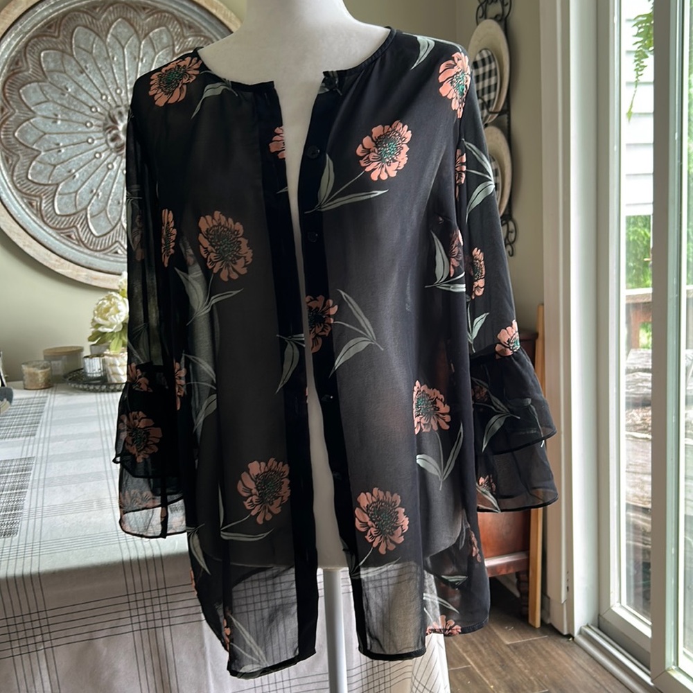 Cabi sheer black cardigan with ruffle sleeves